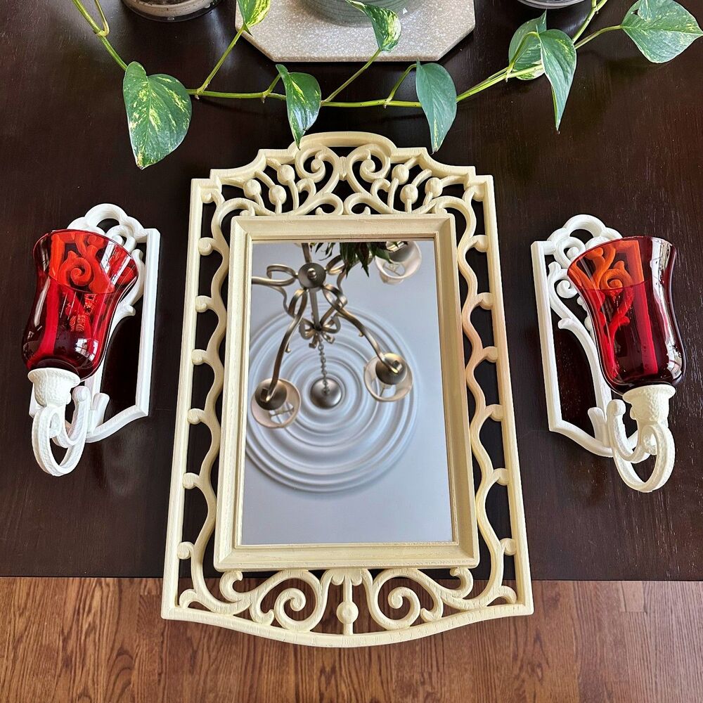 Vintage 80s Homco Hollywood Regency-style Wall-Mirror w/ Red Glass Candleholders